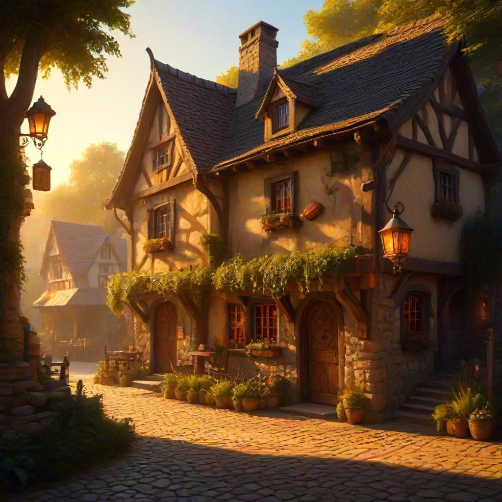 Medieval Fantasy Tavern Exterior with Patrons