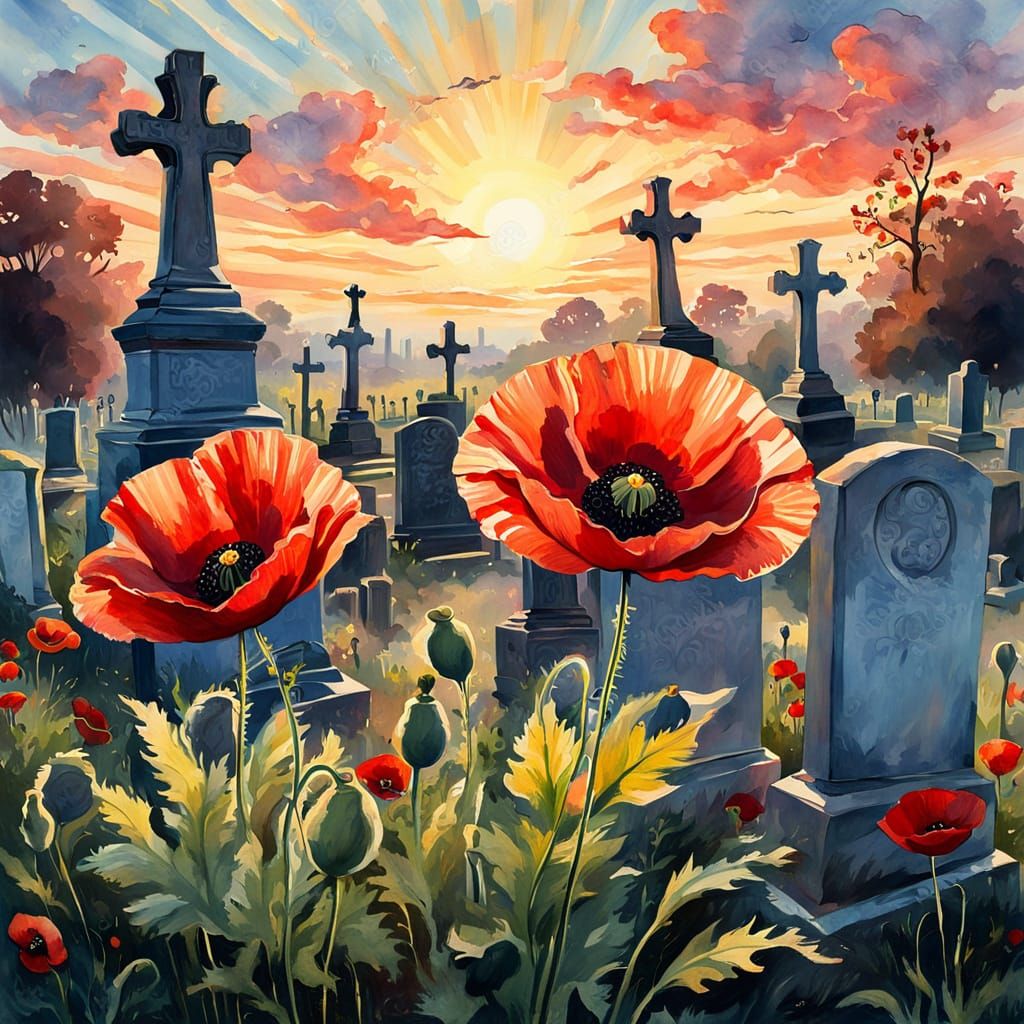 Poppies in Cemetery at Sunset, Rococo Post-Impressionist Sty...