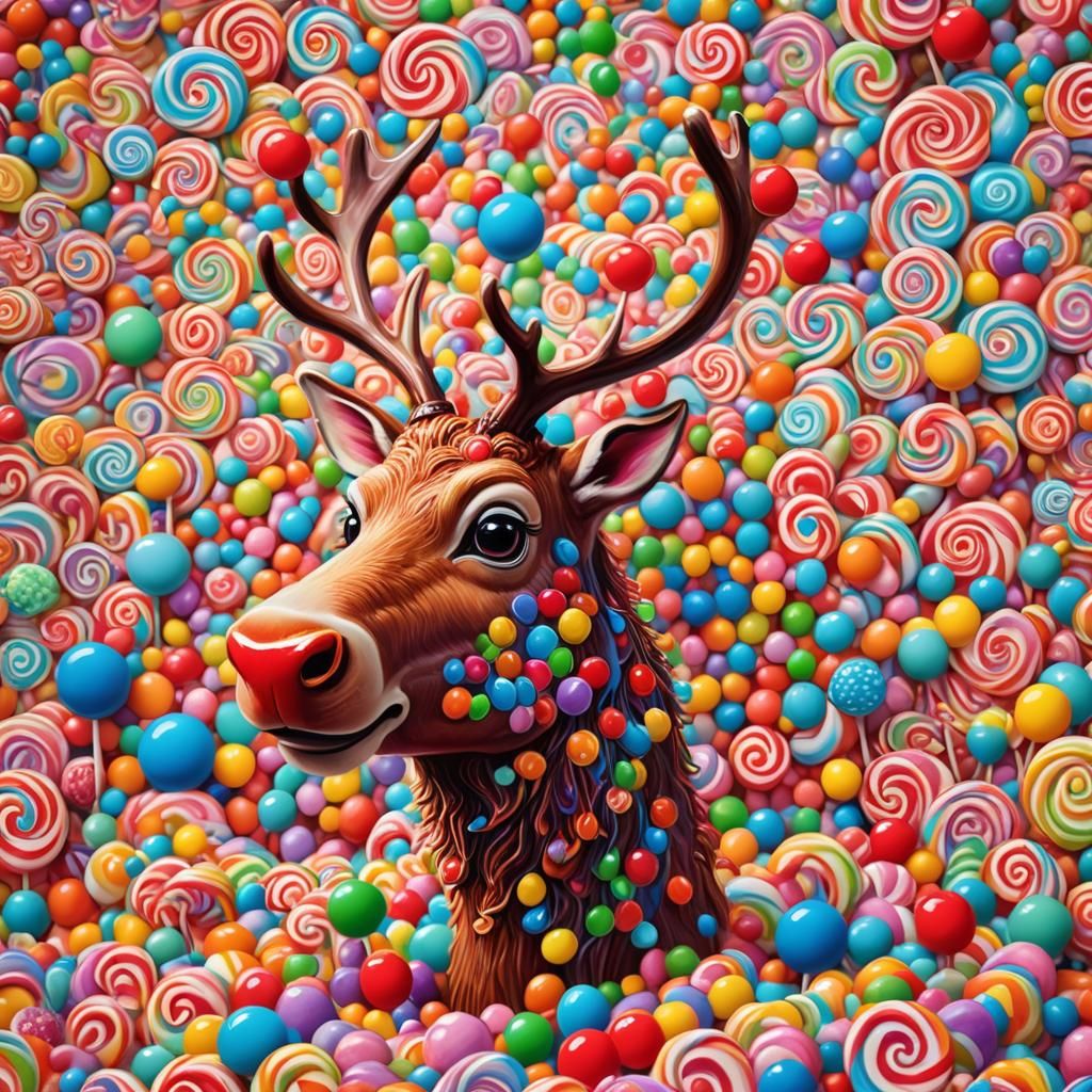 Rudolph in Candyland: Colorful Candy Art Portrait