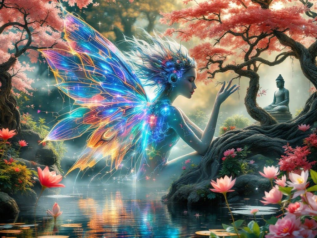 Cyberpunk Fairy Meets Japanese Garden in Art Nouveau Style