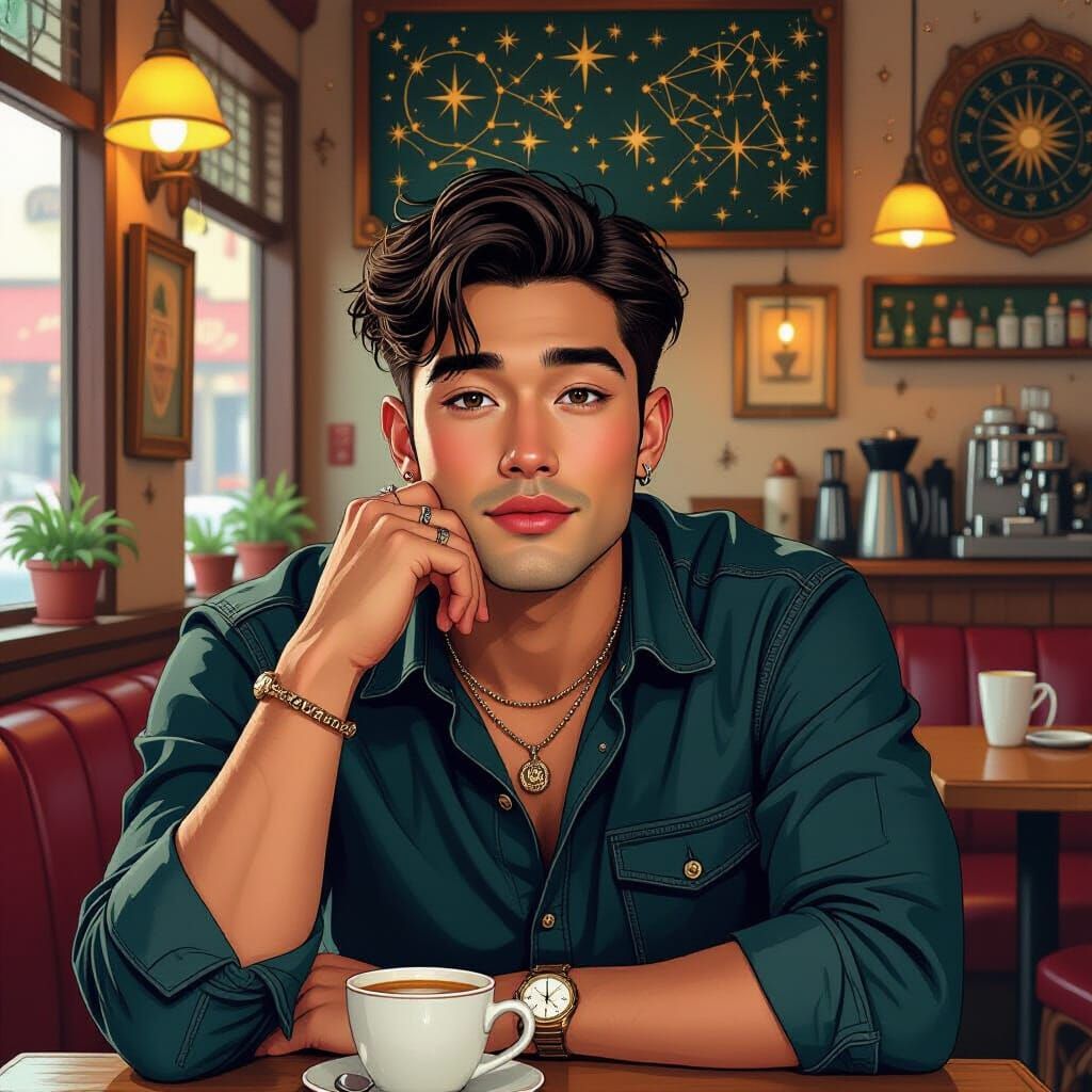 Handsome Man in Cozy Cafe - Urban Fantasy Concept Art