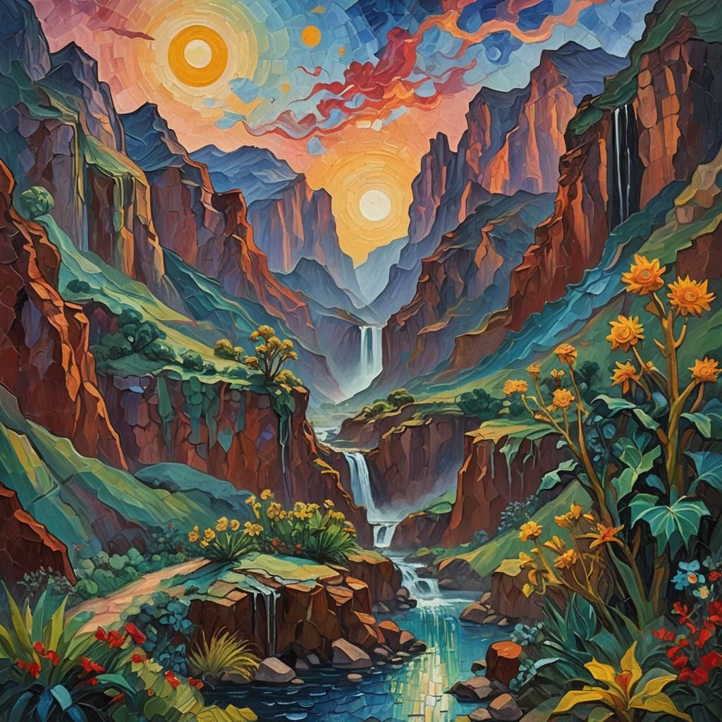 Alien Canyon Landscape in Expressionist Oil Painting