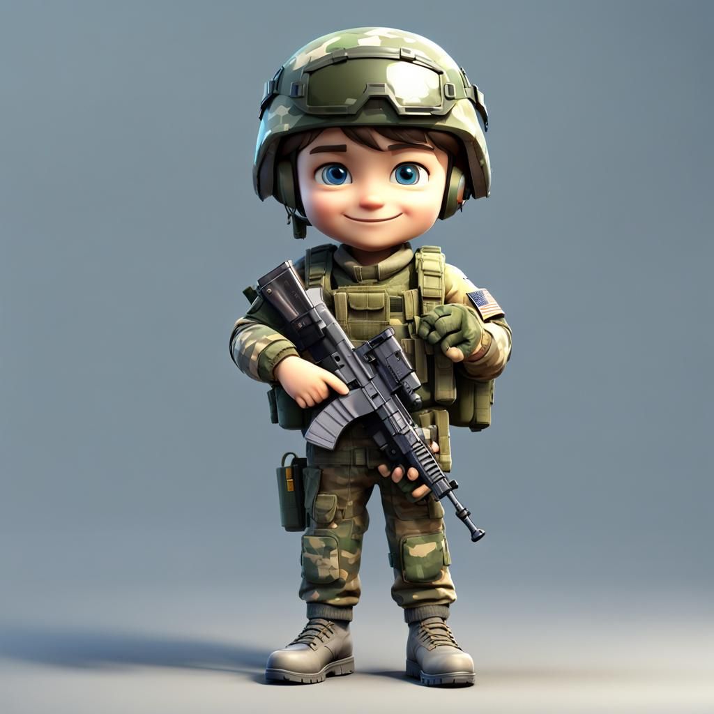 Chibi Soldier with Flowers and Ukrainian Flag
