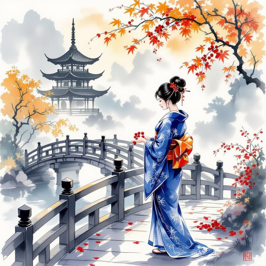 Elegant Lady in Blue Kimono by Misty Bridge, Golden Autumn