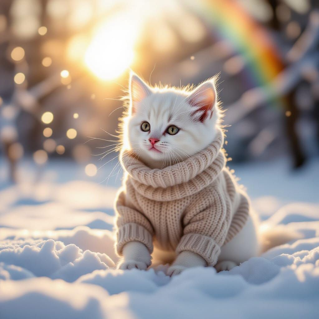 White Kitten Plays in Snow as Photorealistic Art