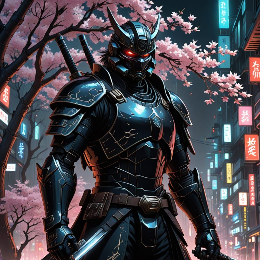 Cyberpunk Samurai Under Bioluminescent Cherry Blossom Tree