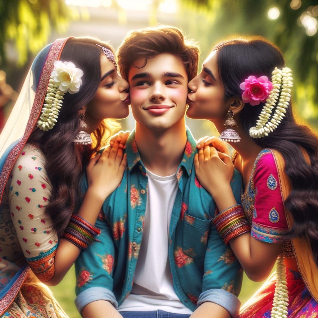Indian Girls Show Affection to a Boy in a Park