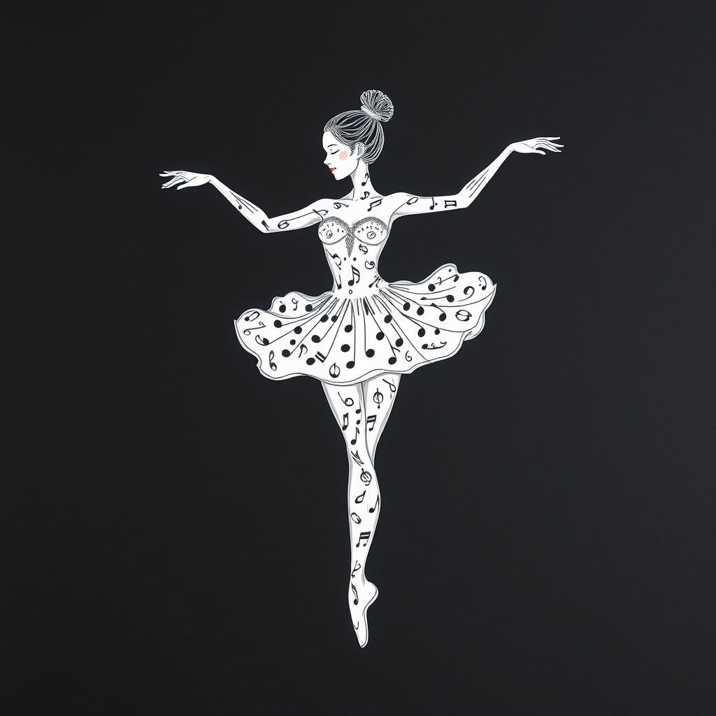 Elegant Ballerina Made of Music: Line Art