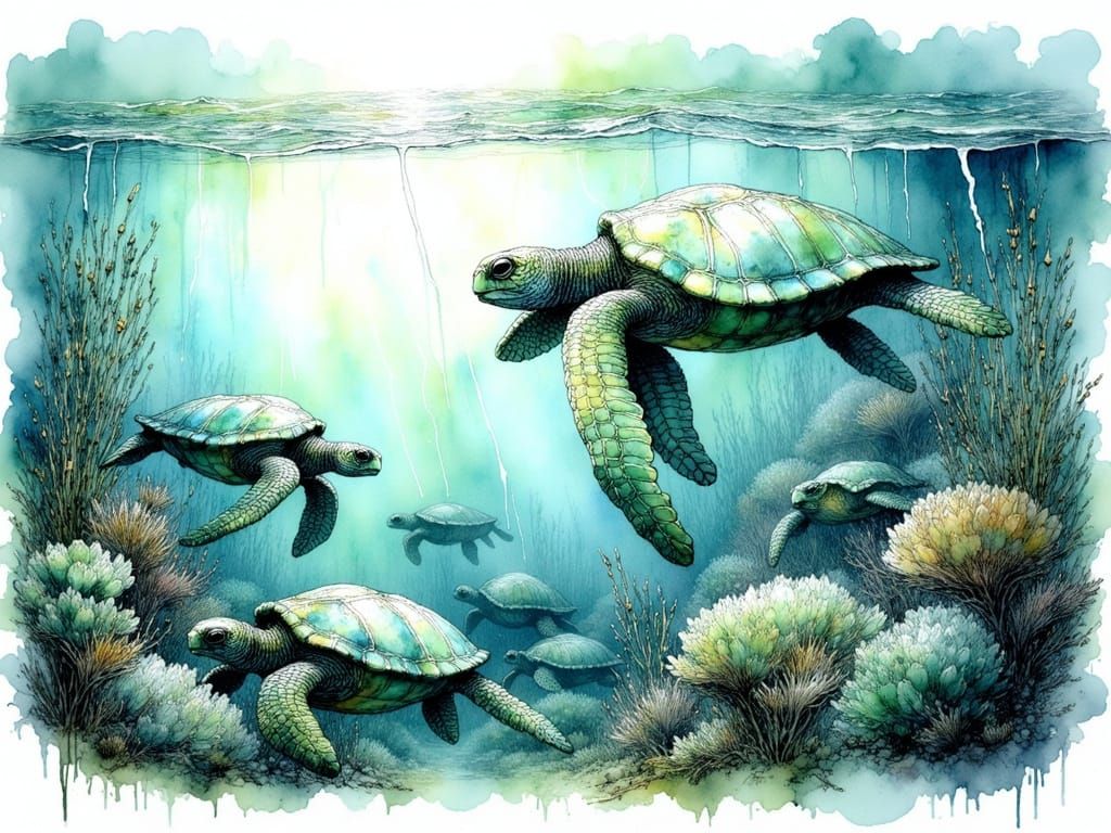 Detailed Ink Illustration of Sea Turtles in Coral Reef