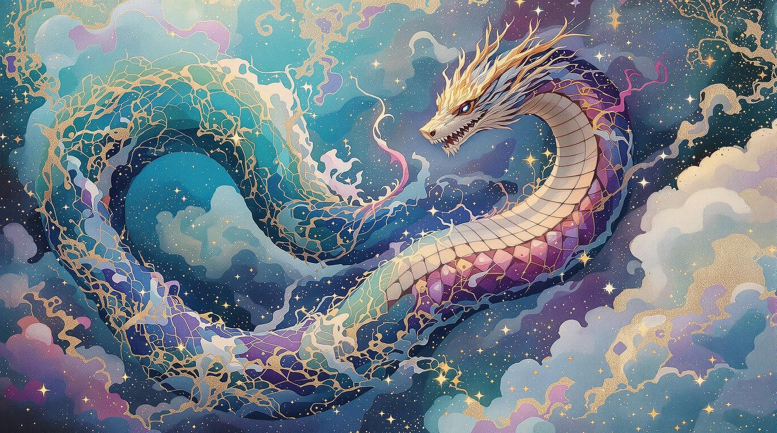 Ethereal Serpent with Fractal Patterns and Iridescent Sheen