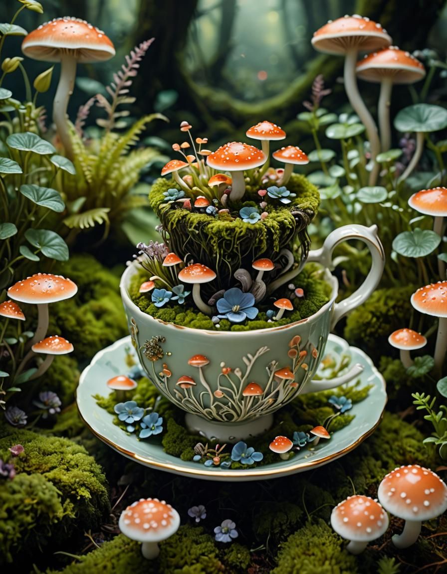 Miniature ecosystems atop a teacup, flourishing with vibrant plants and intricate details.