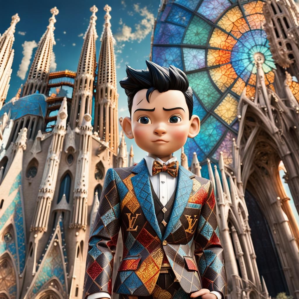 Astro Boy in Louis Vuitton Suit at Sagrada Familia