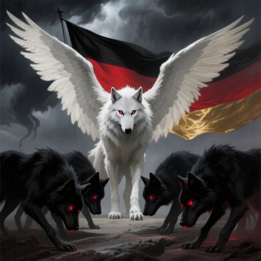 White Werewolf with Wings Over German Flag Sky