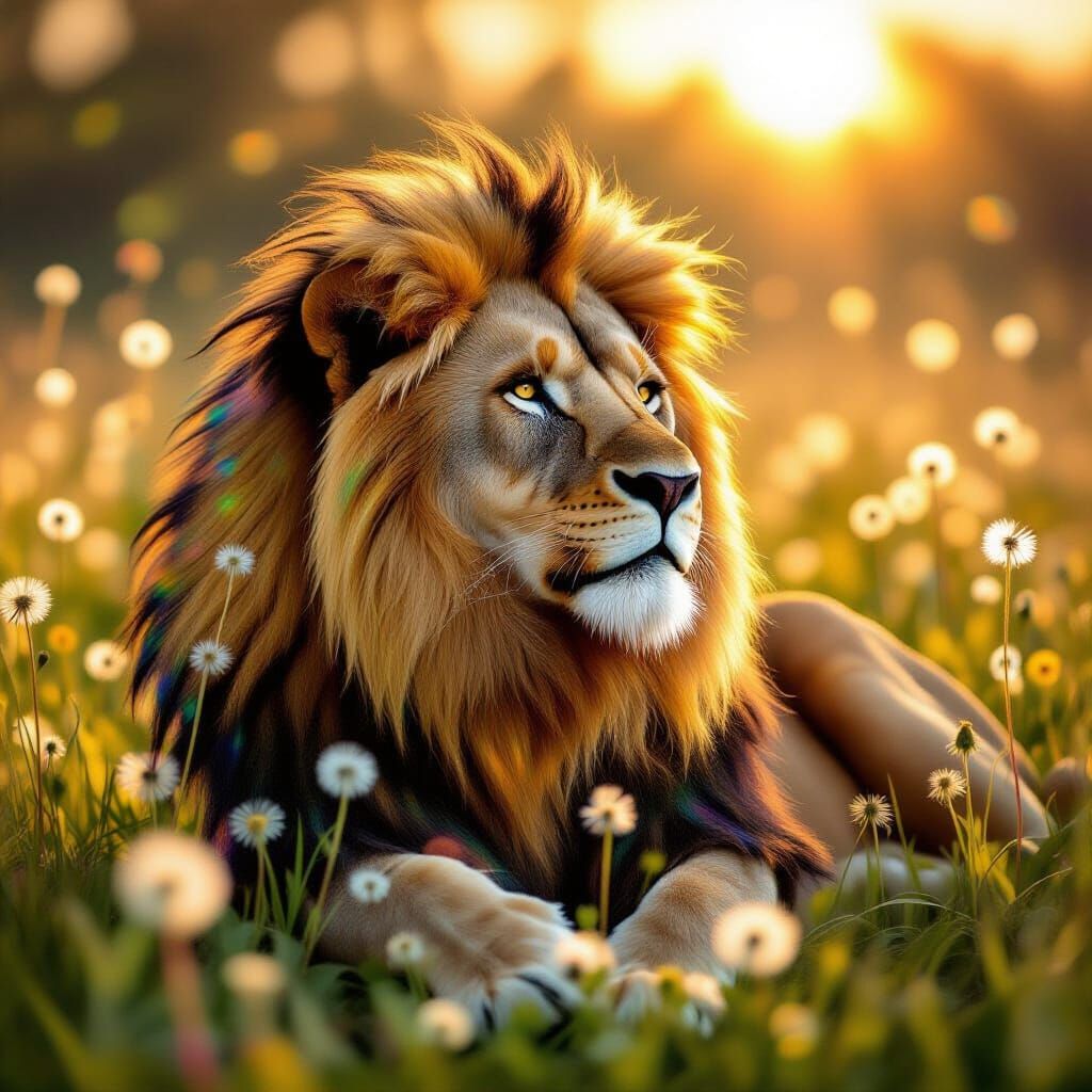 Lion with Golden Mane in Summer Meadow