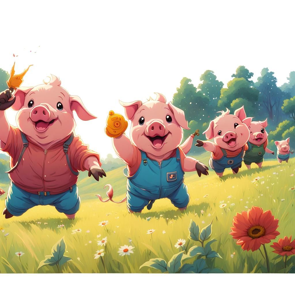 Anthropomorphic Pigs Waving in Anime Style Meadow