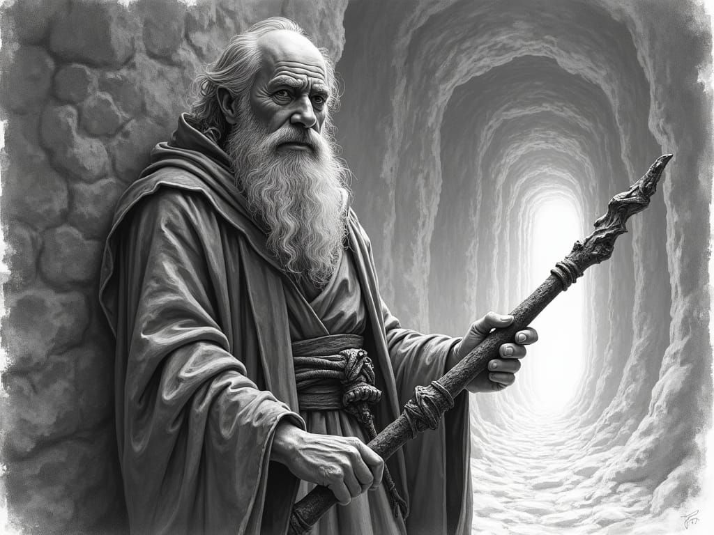 Weary Sorcerer in Dimly Lit Cavern, Detailed Pencil Sketch