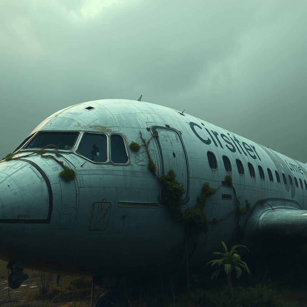 Surreal Airliner in Decay, Overgrown with Vines and Moss