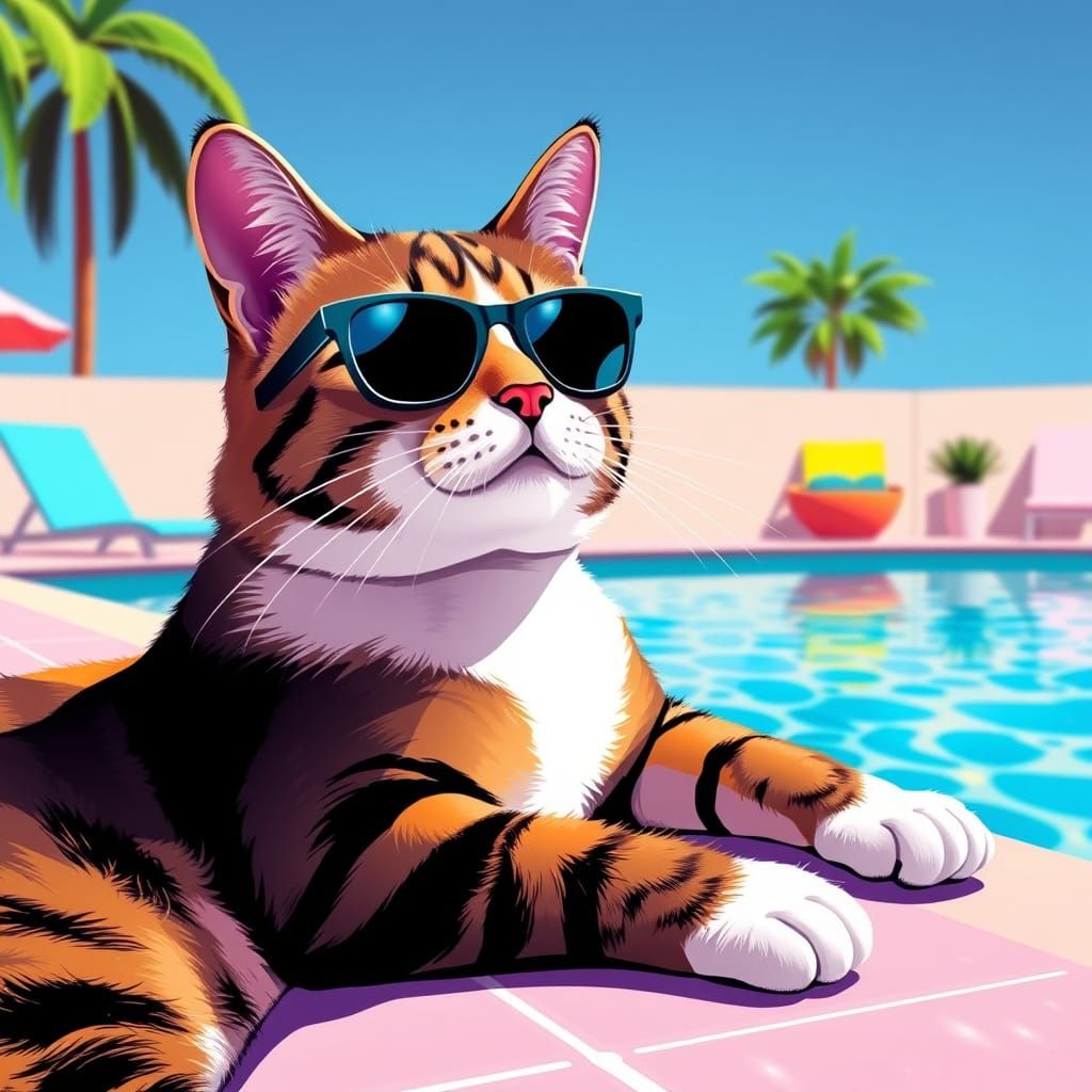 Cool Cat Lounging Poolside in Hockney Style