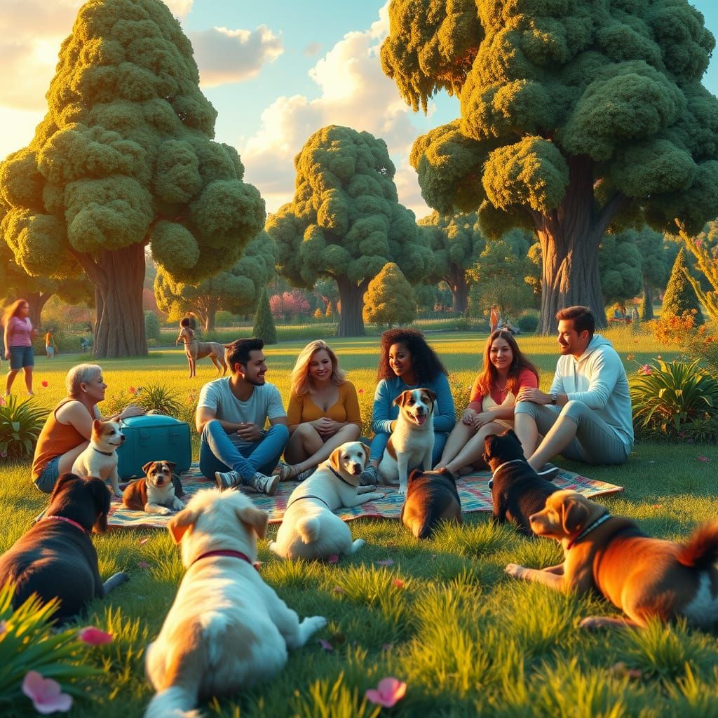 Joyful Friends in a Whimsical Park Scene, Matte Painting Sty...
