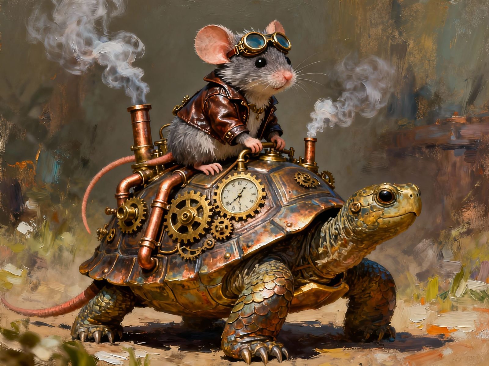 Cute Mouse Rides Tortoise in Steampunk 3D Art
