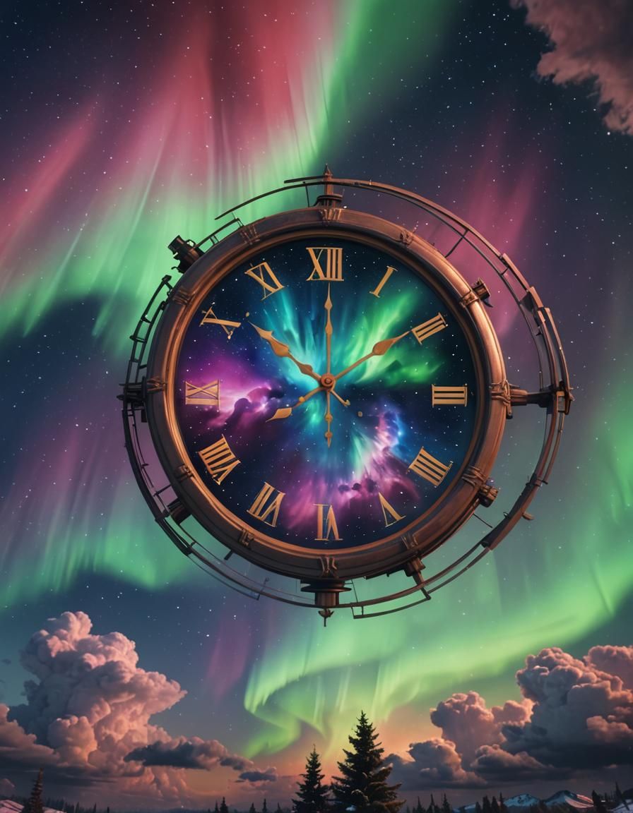 Cosmic Clock in Aurora Sky: Hyperrealistic 4K Art