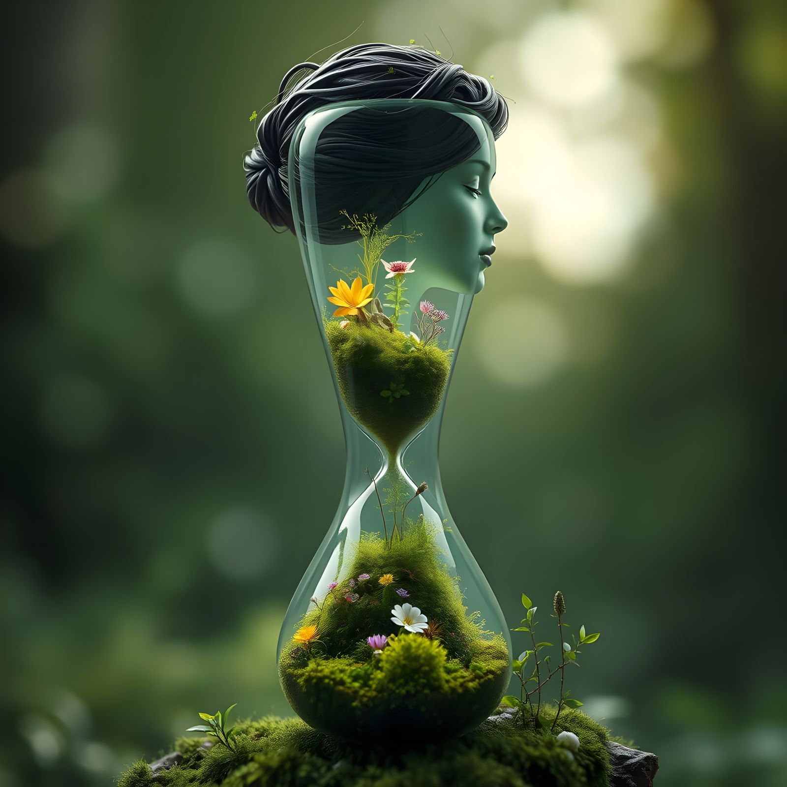 Ethereal Glass Goddess with Vibrant Internal Ecosystem