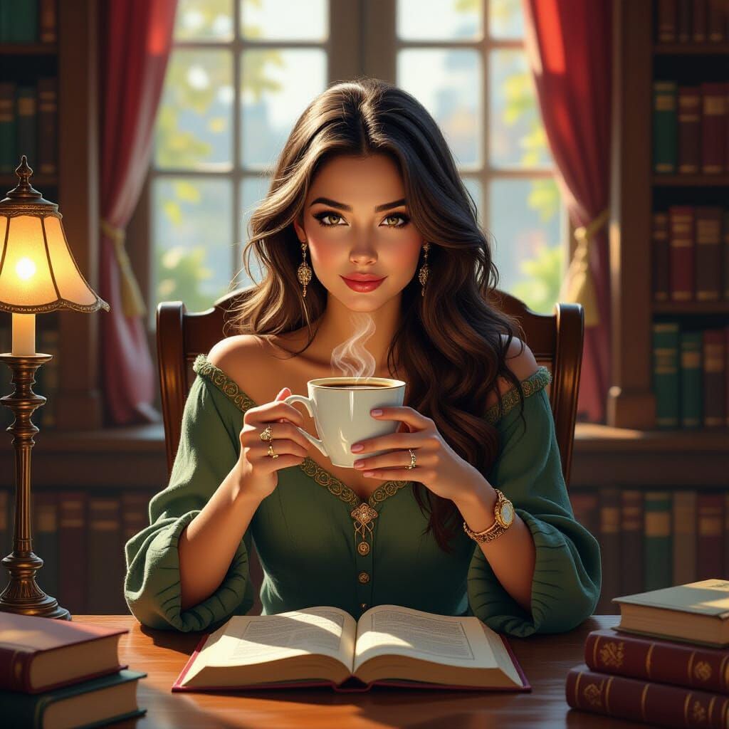 Cozy Library Scene in Fantasy Art Style