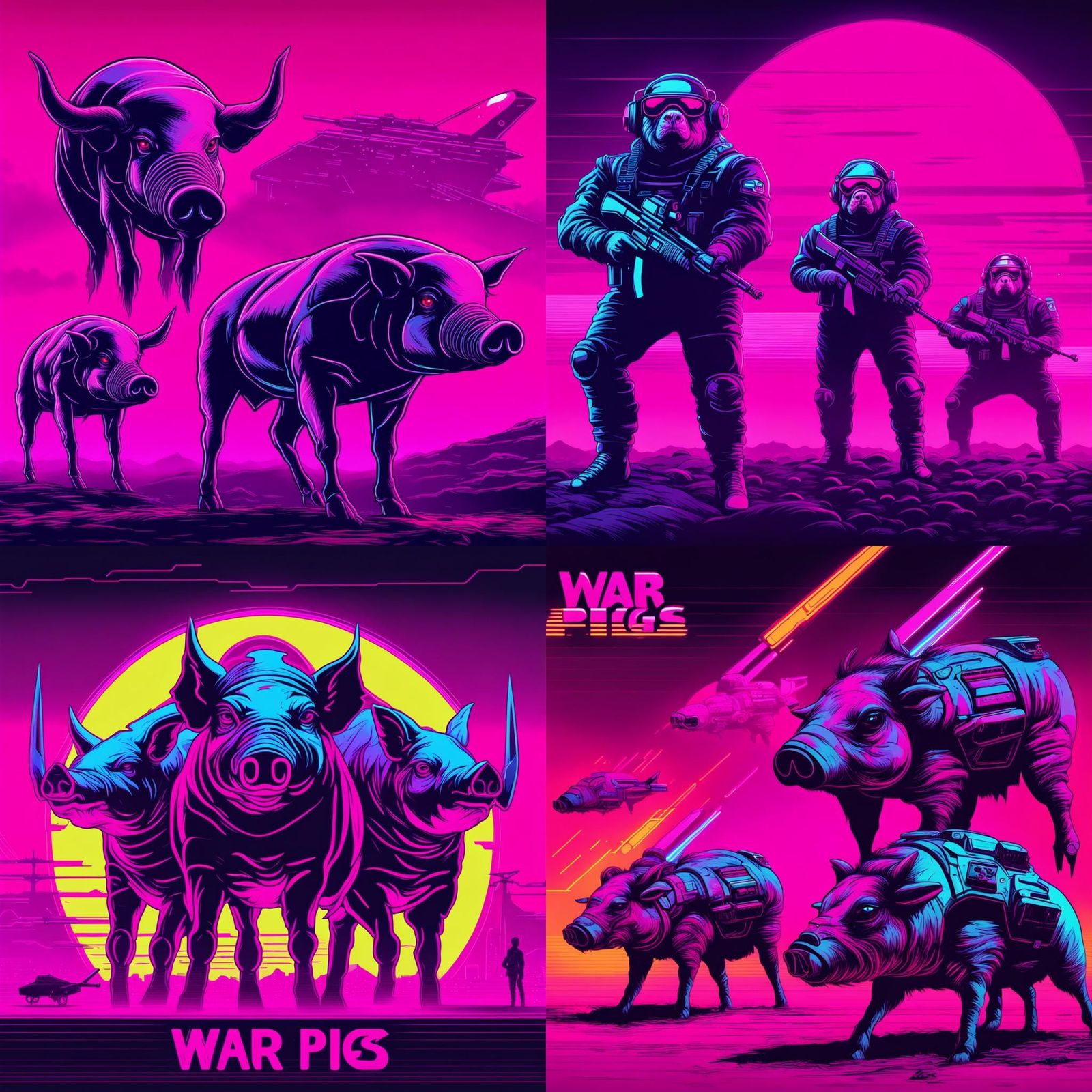 Synthwave Neon War Pigs in Retro Style