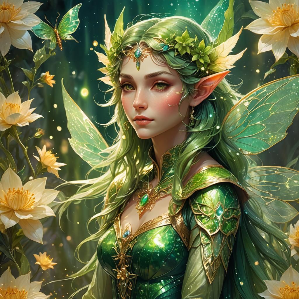 Green Elf on Glowing Flower, Splash Art Style