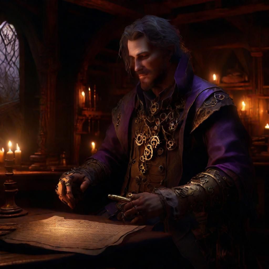 Steampunk Bard with Mechanical Lute in Gothic Tavern