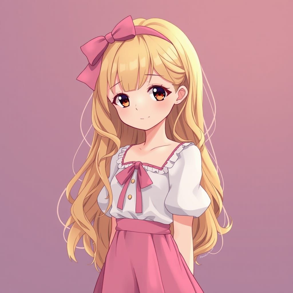 Anime Girl with Pink Bow in Cel-Shaded Style