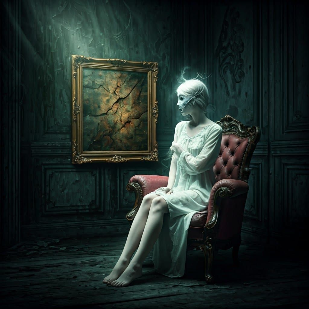 Ethereal Beauty Gazing into Cursed Baroque Painting