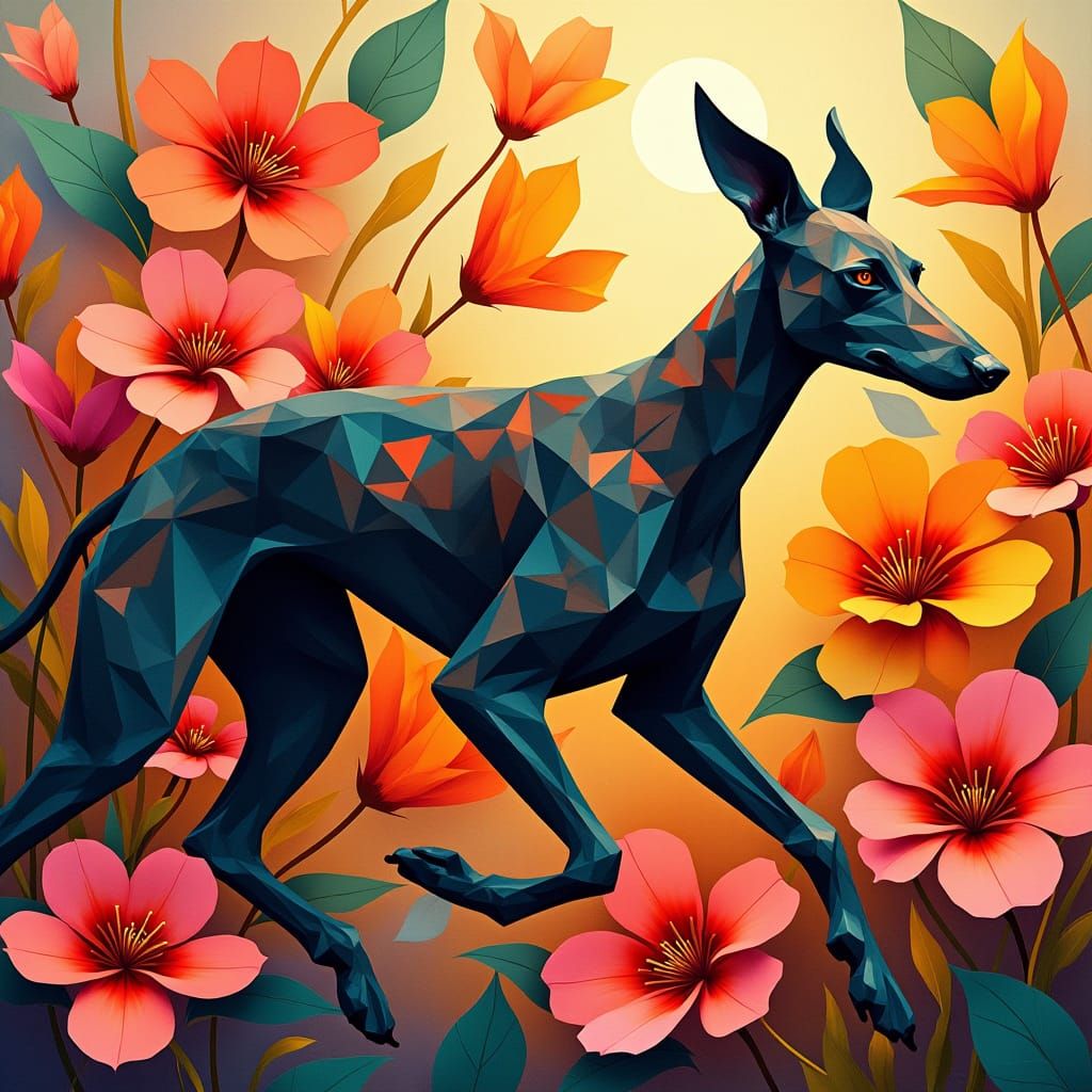 Greyhound Runs Through Geometric Garden in Fauvist Style