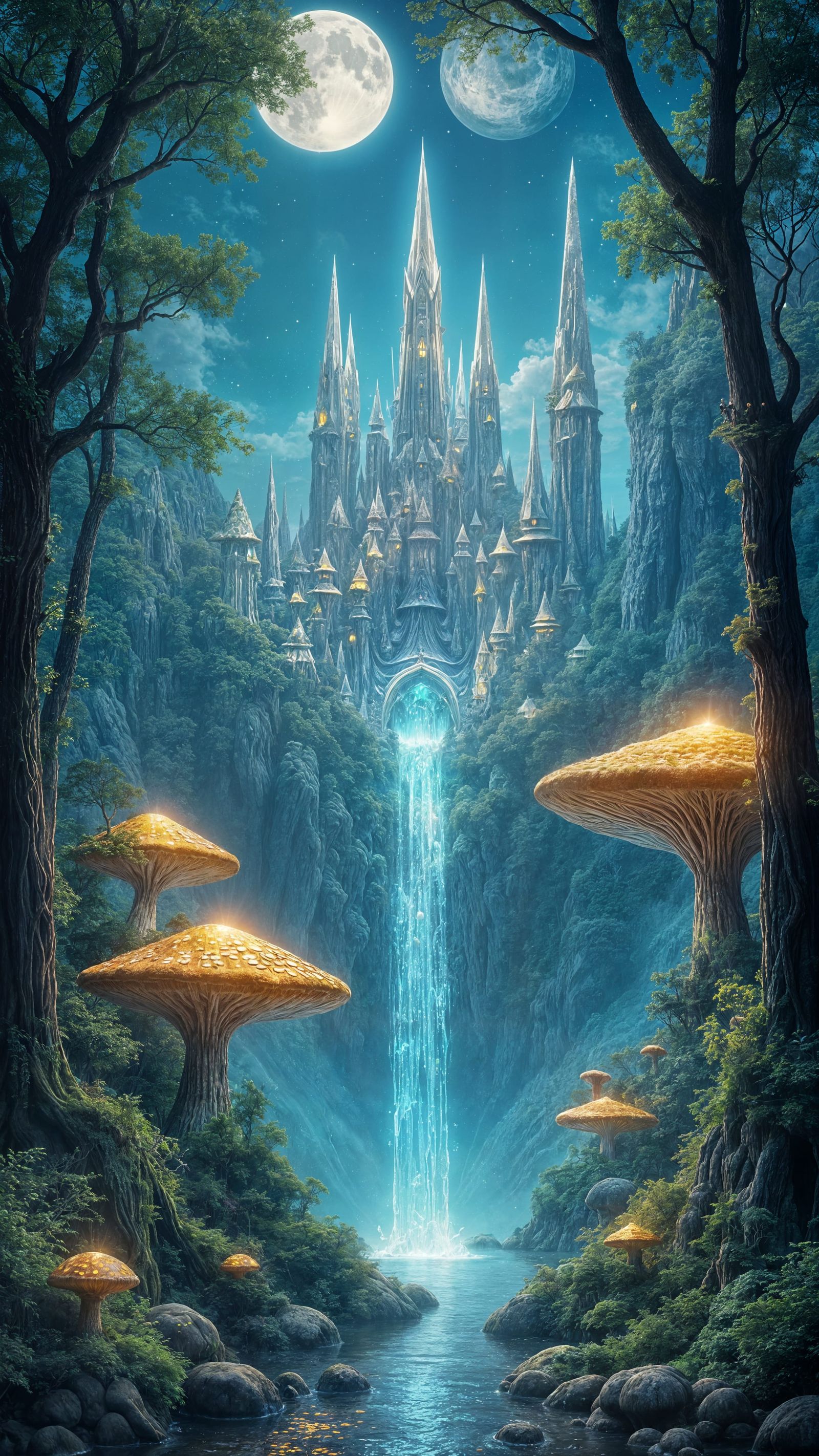 Ethereal Crystal City Glows Under Twin Moons