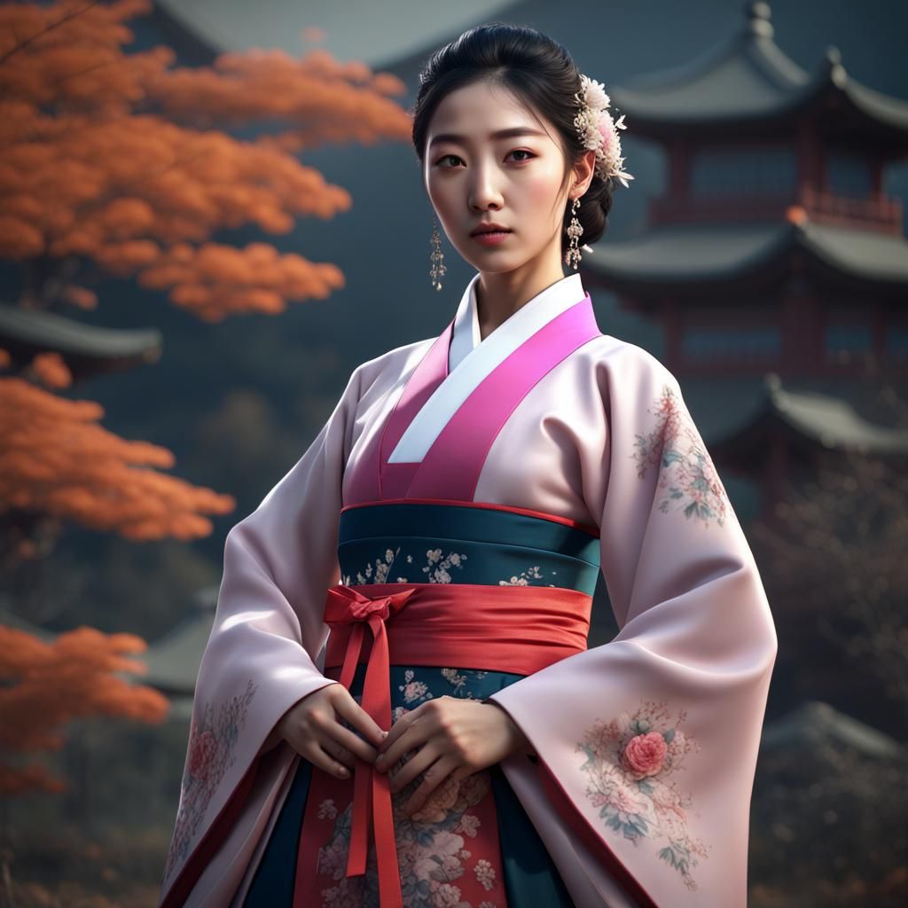 Elegant Korean Woman in Hanbok: Detailed Matte Painting