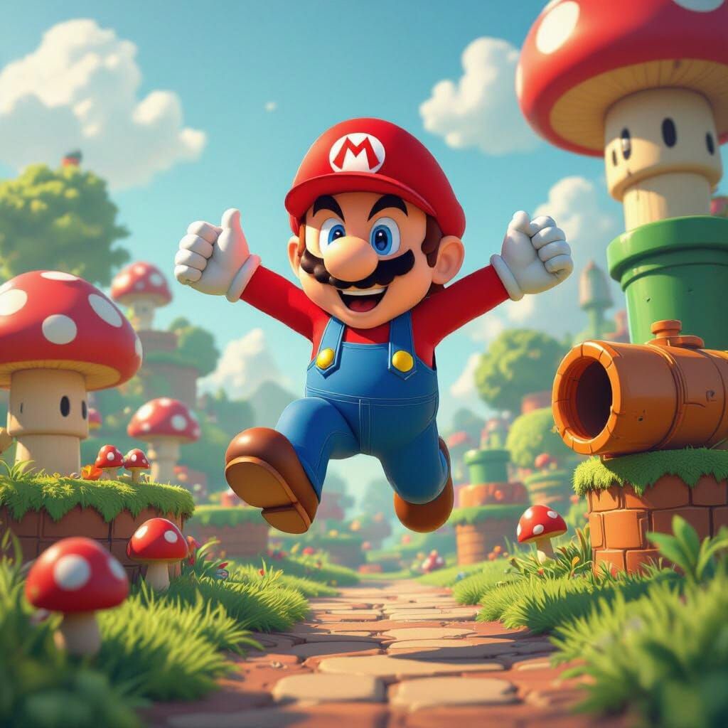 Mario Jumping in Vibrant Mushroom Kingdom