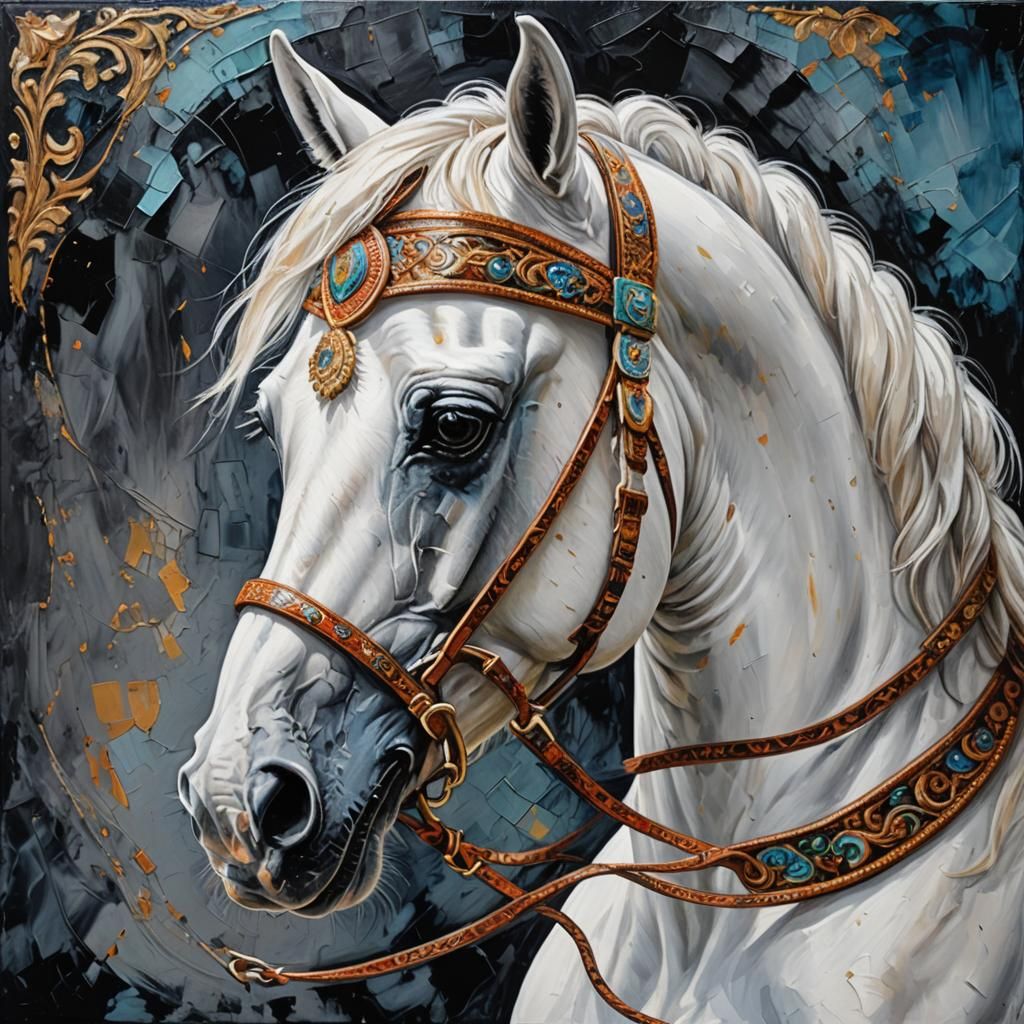 White Arabian Horse Head in Impressionist Oil Painting