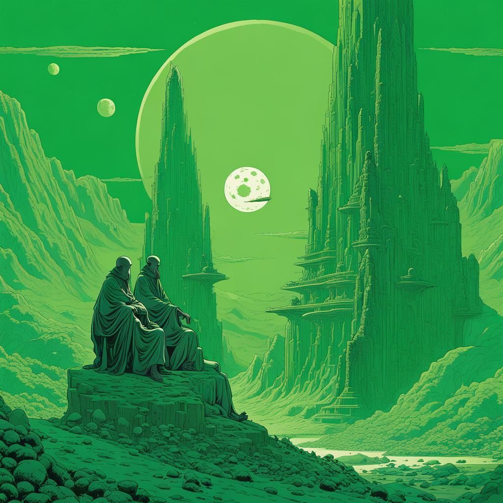 Alien Wizards on Jade Monolith in Moebius Style