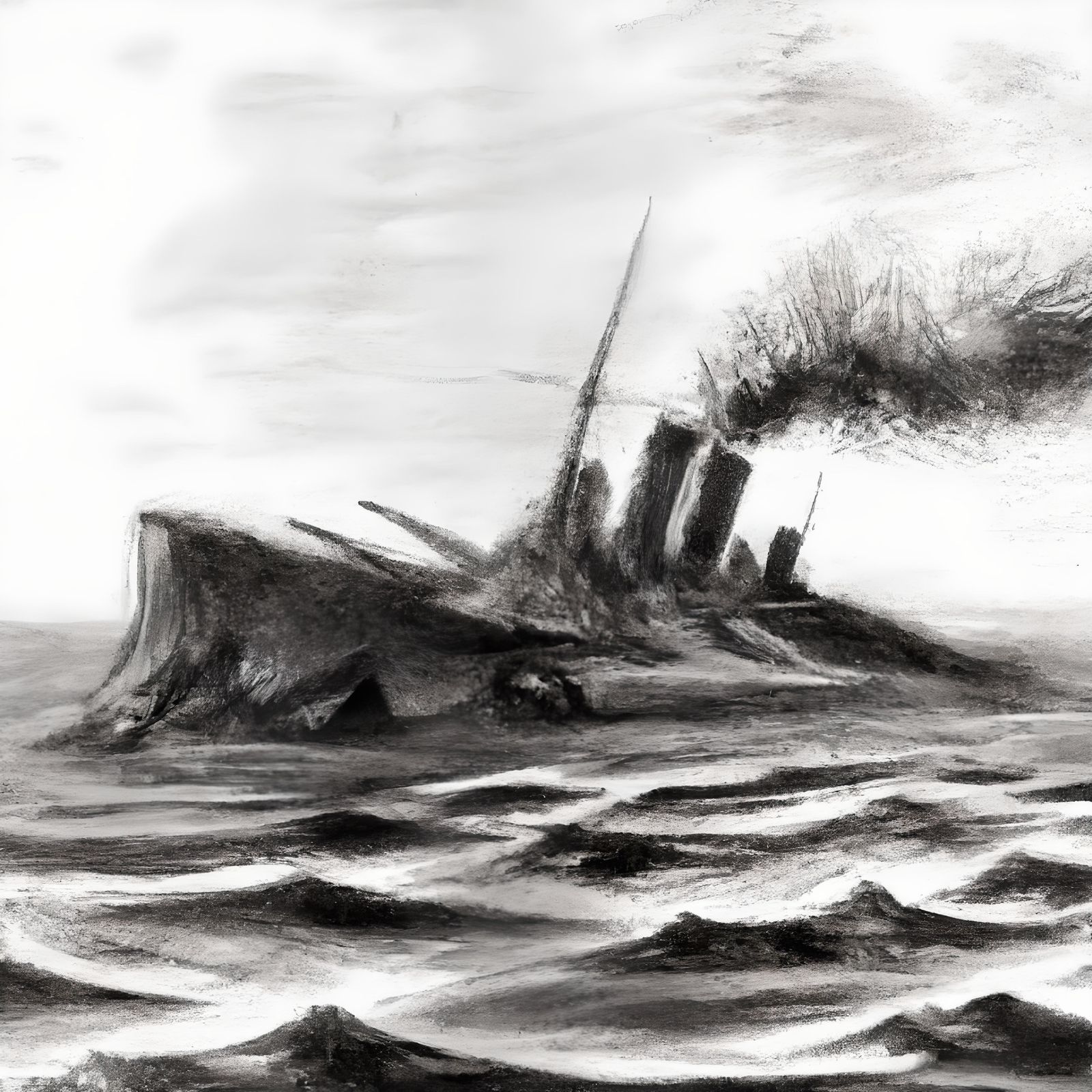 Hyperdetailed Charcoal Drawing of Ship Sinking at Sea
