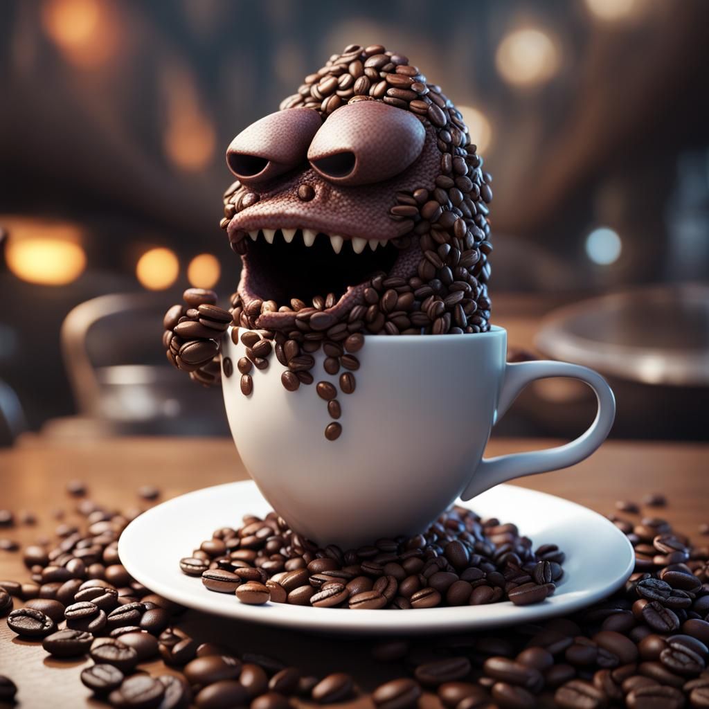 Coffee Bean Monster Drinking Coffee: Detailed Matte Painting