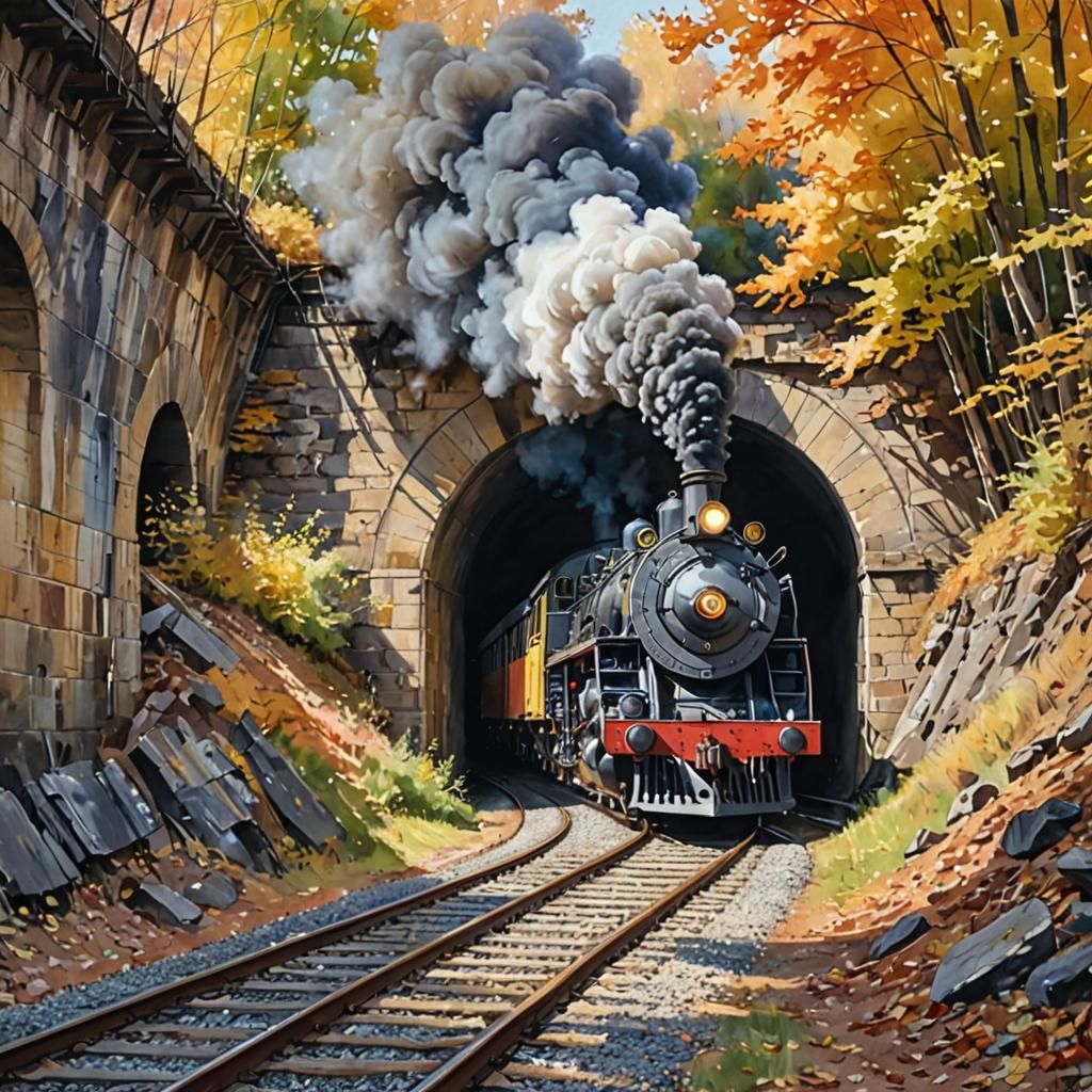 Steam Train Emerges from Tunnel in Watercolor Painting
