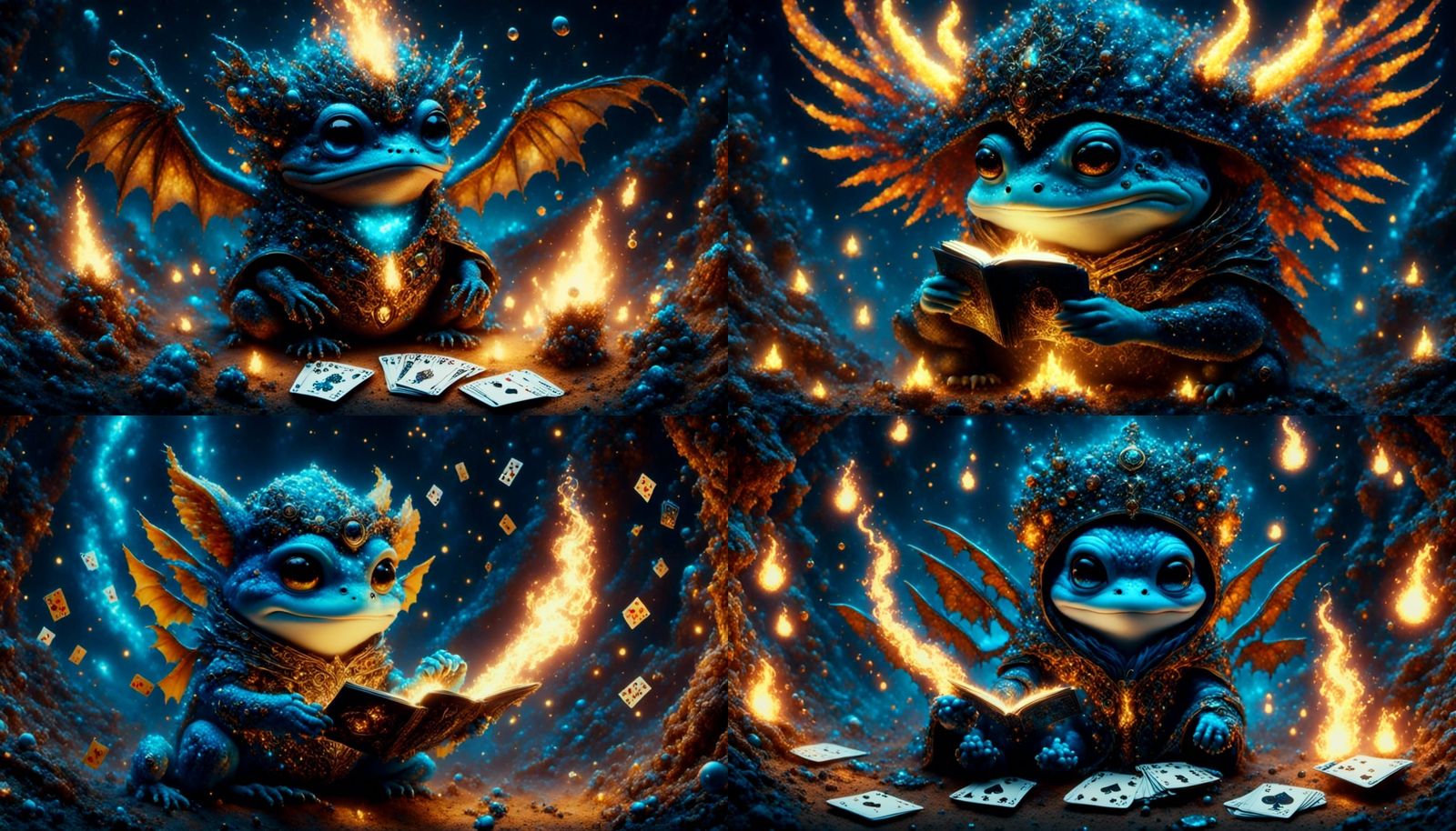 Chibi Wizard with Burning Cards in Cosmic Dreamscape