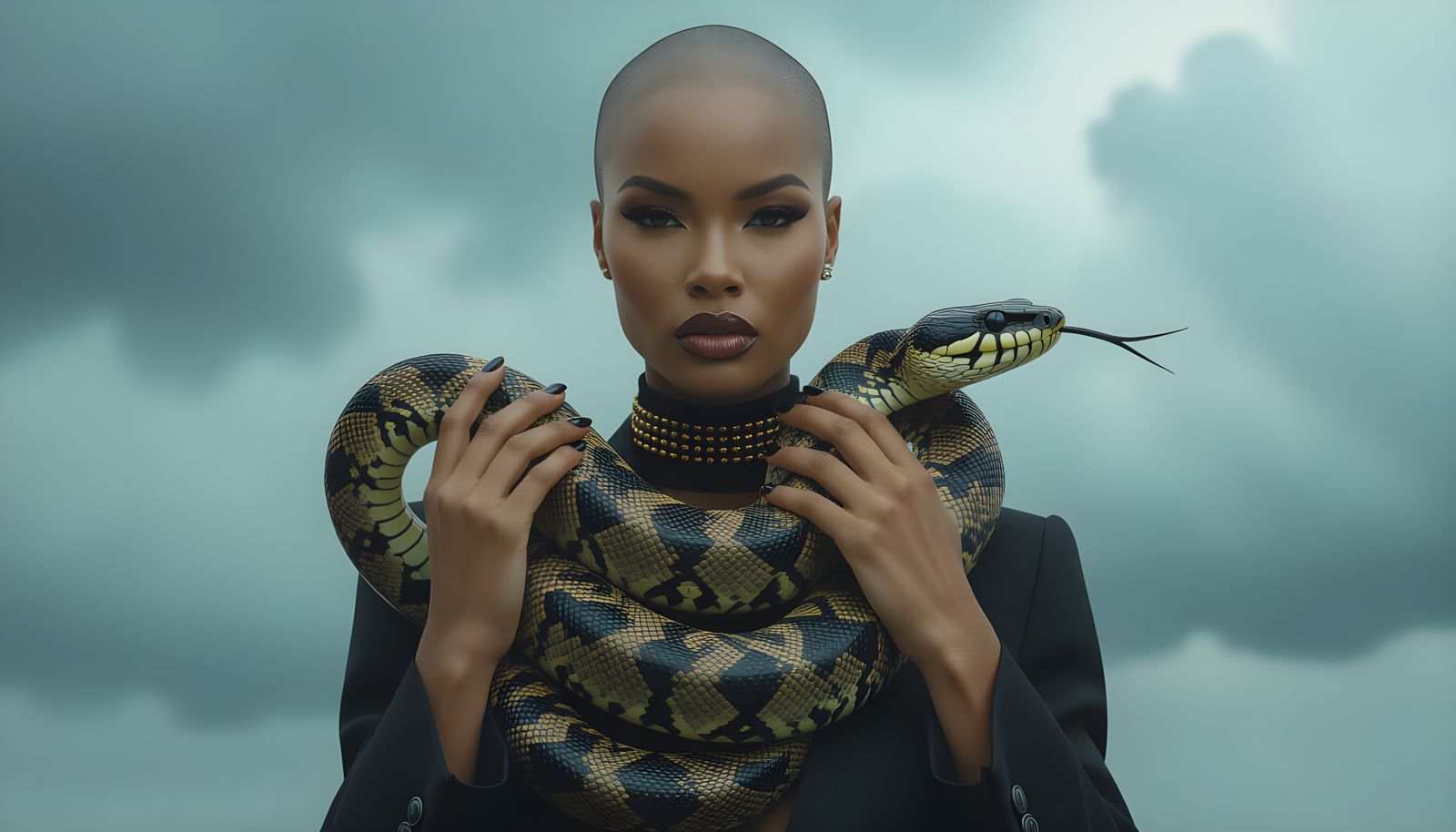 Bald Black Woman With Snake in Moody Studio Portrait