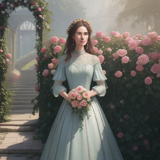 Woman Opens Rose Garden Door: Fantasy Concept Art