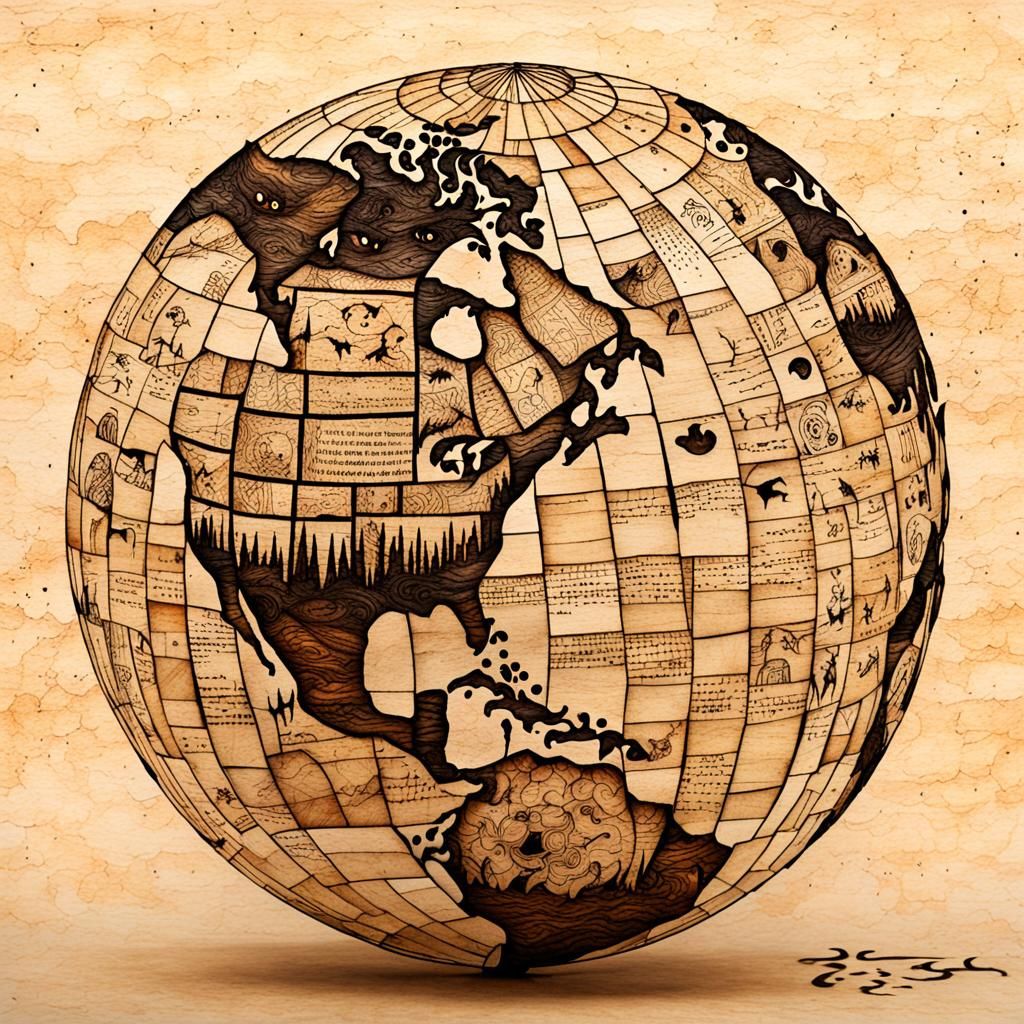 Burned Wood Earth Globe with Monsters: 3D Mosaic Art