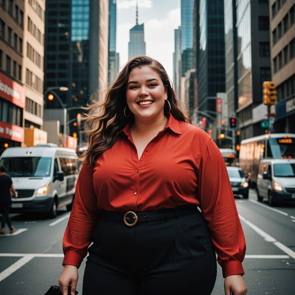 Confident Plus-Size Woman in Urban Cityscape