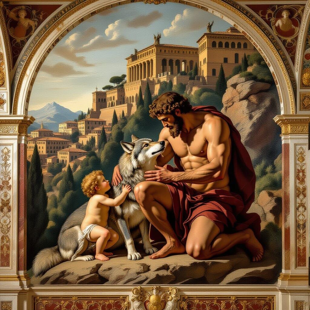 Romulus and Remus Mural in Renaissance Fresco Style
