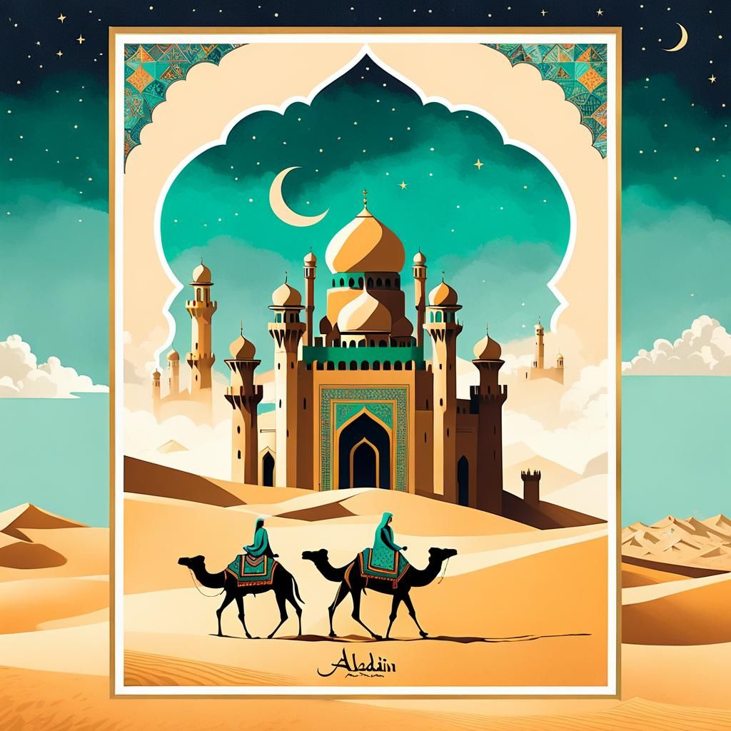 Arabian Castle Travel Poster in Islamic Art Style