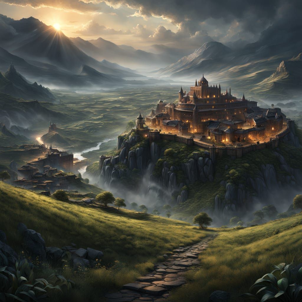 Intricate Fantasy Landscape Digital Painting at Golden Hour