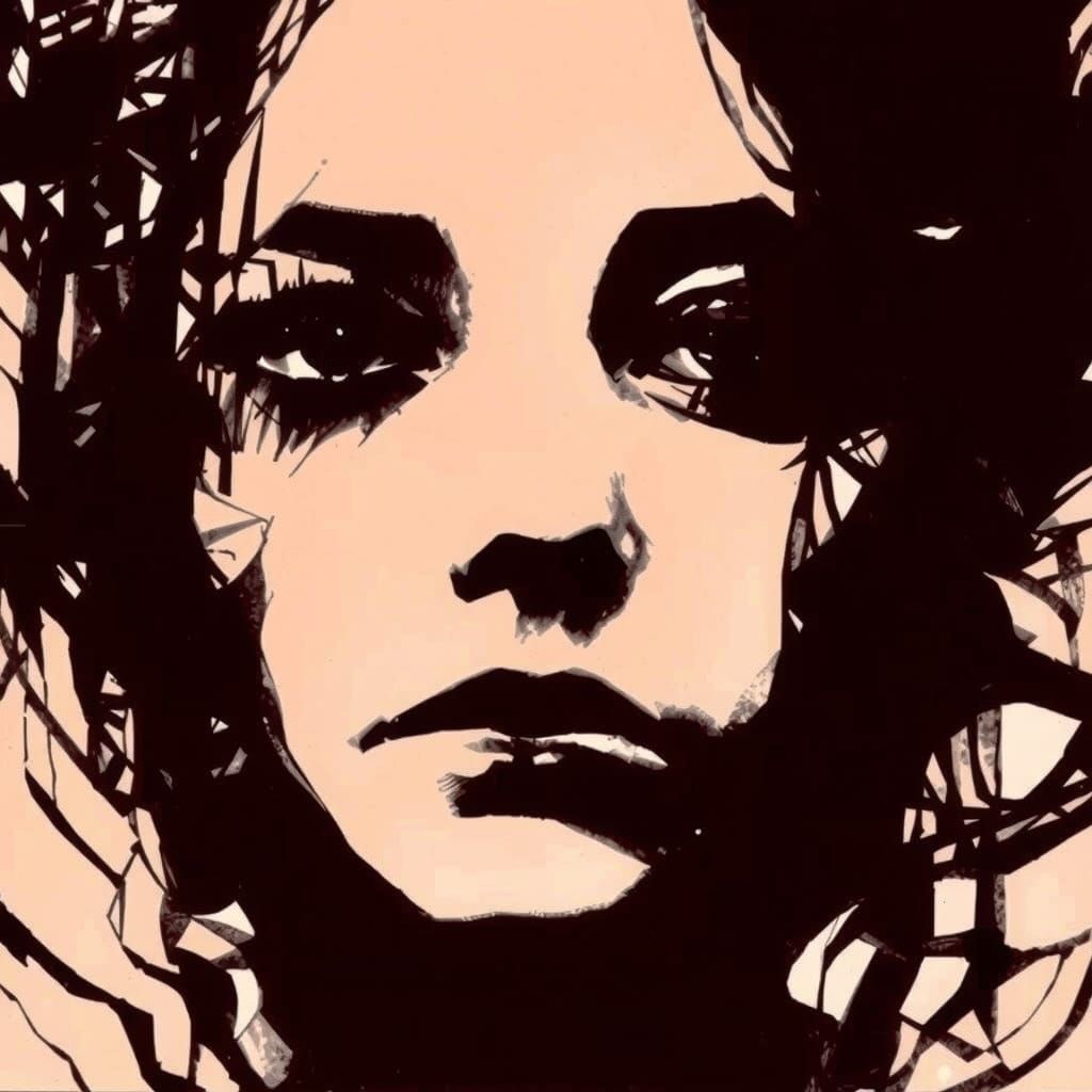 Mysterious Ink Portrait of a Young Woman with Unruly Hair